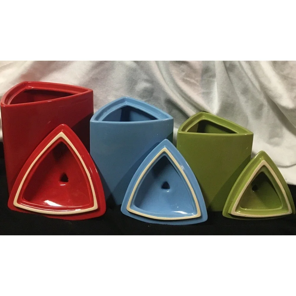 Oneida VTG MCM Buffalo China Triangle Canister‎ Set of 3 Red Blue Green EUC Rare